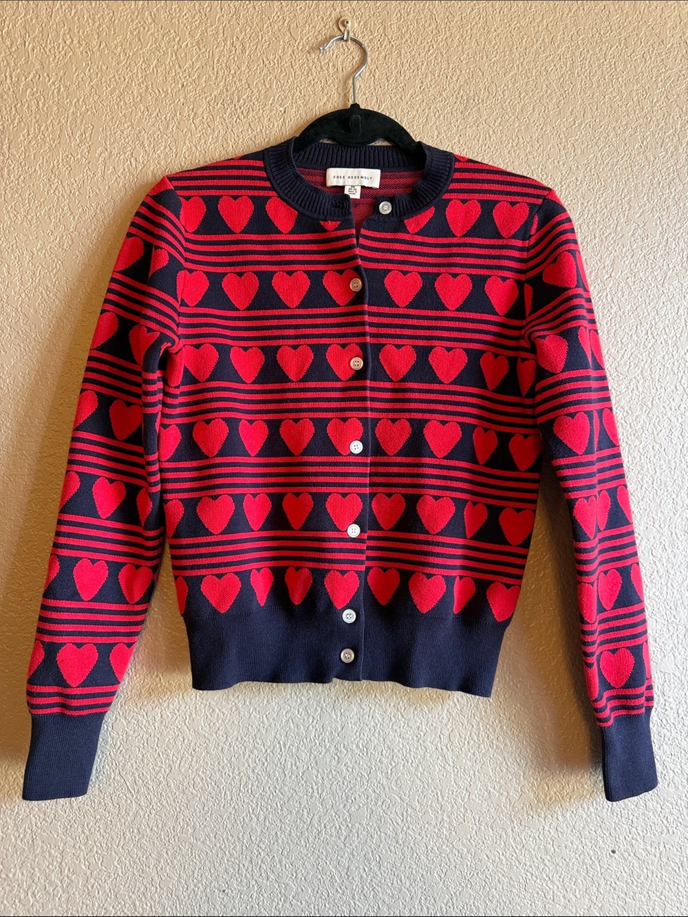 Free Assembly Heart-Pattern Navy & Red Cardigan Sweater